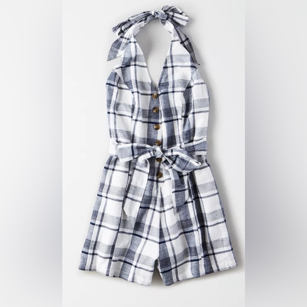 American Eagle Plaid Button Front Romper S